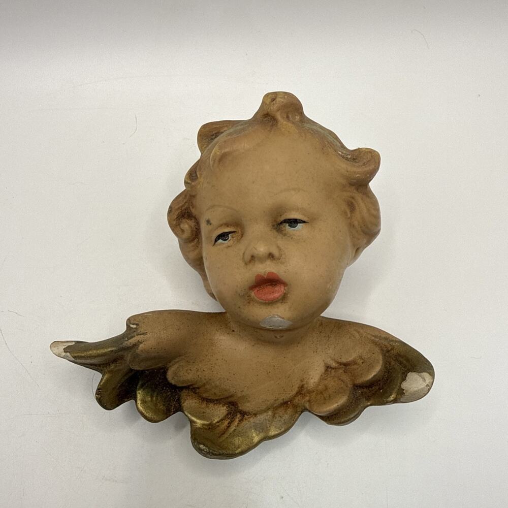 Cherub Angel Head Wall Ornament Plaster Antique German #K1